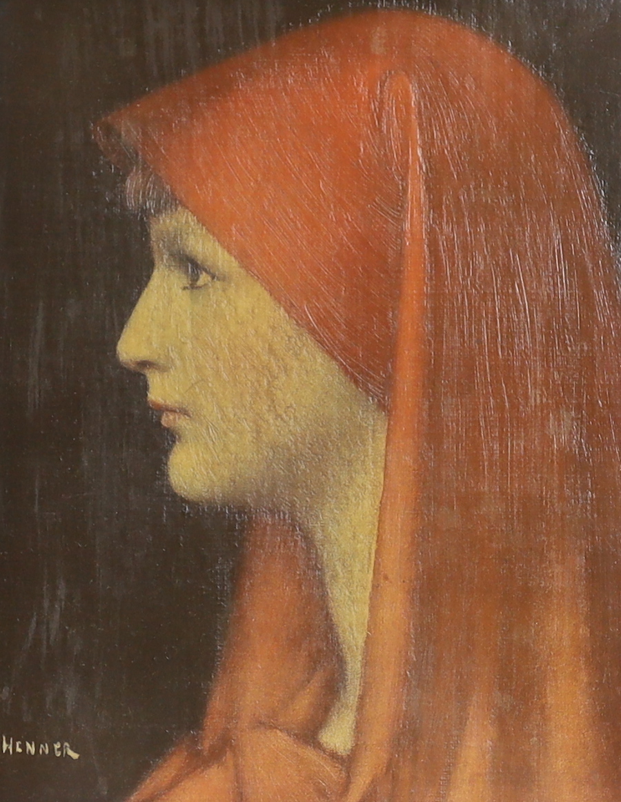 After Jean Jacques Henner (1829-1905), oil on canvas, 'Woman in red', bears signature, 24 x 19cm, applied plaque to the frame